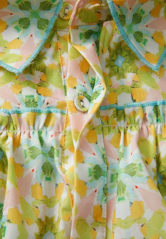 Frill Printed Collared Neck Long Sleeve Blouse - Amexza