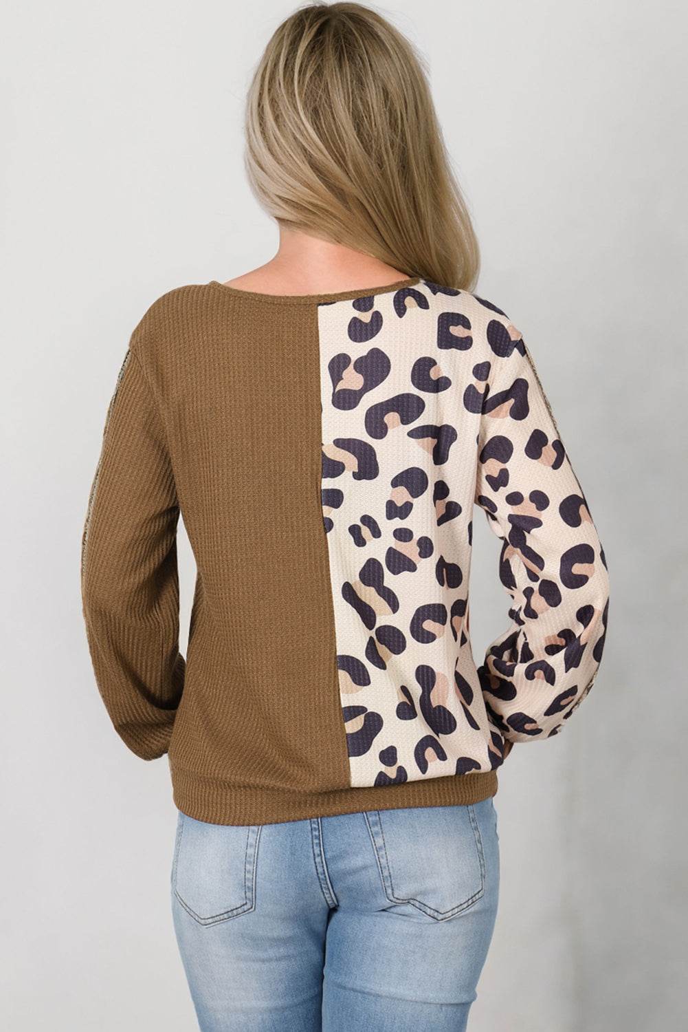 Leopard V-Neck Waffle-Knit Top - Amexza