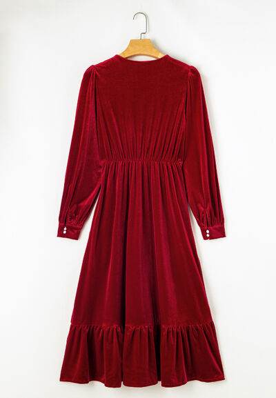 Ruffle Hem Slit V-Neck Long Sleeve Dress for a perfect OOTD – dress to impress outfits from Amexza