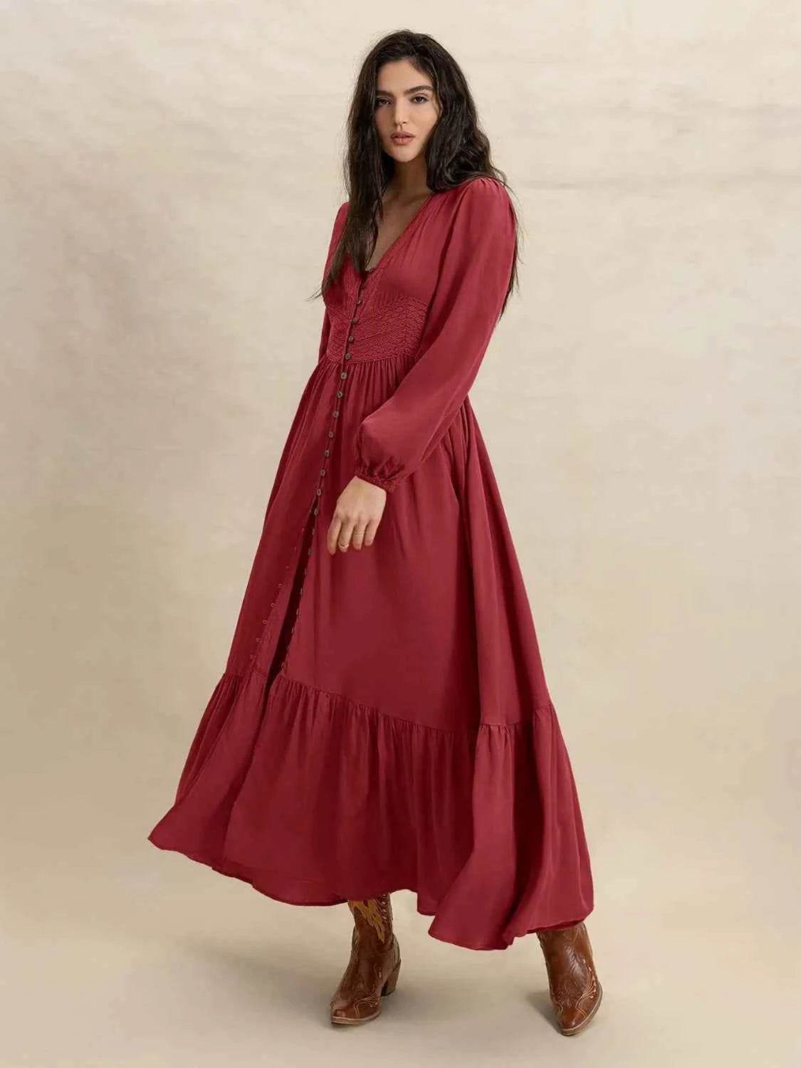 V-Neck Balloon Sleeve Ruffled Hem Maxi Dress for a perfect OOTD – dress to impress outfits from Amexza