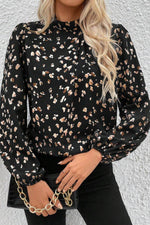 Printed Mock Neck Balloon Sleeve Blouse Black for a perfect OOTD – dress to impress outfits from Amexza