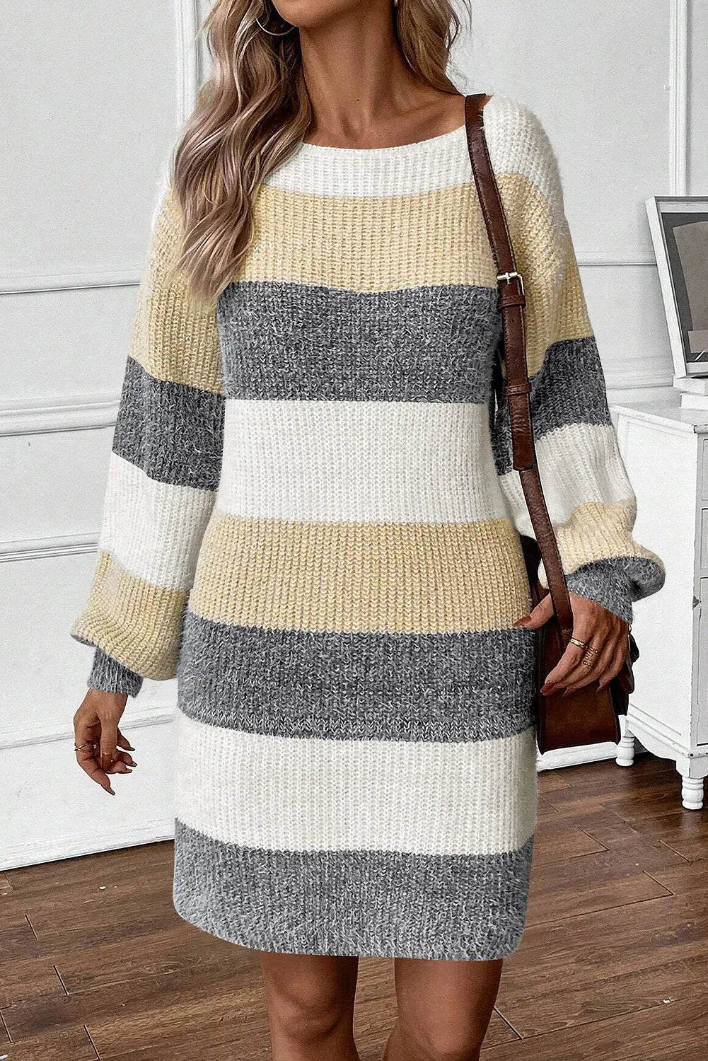 Color Block Boat Neck Long Sleeve Sweater Dress for a perfect OOTD – dress to impress outfits from Amexza
