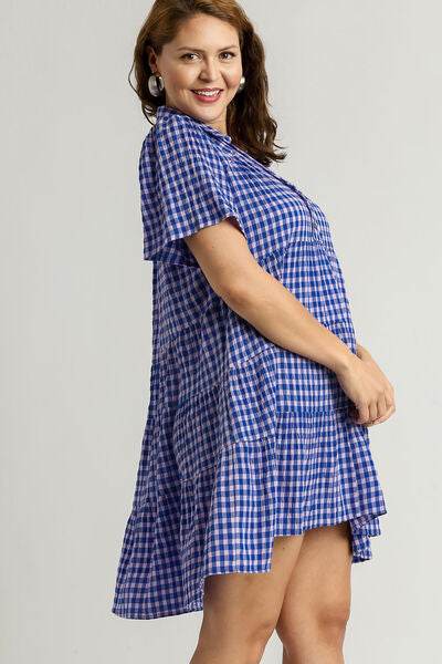Umgee Full Size Gingham Tiered Button Detail Short Sleeve Dress Plus Size for a perfect OOTD – dress to impress outfits from Amexza