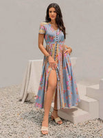 Smocked Floral V-Neck Short Sleeve Midi Dress for a perfect OOTD – dress to impress outfits from Amexza