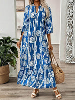 Printed Notched Half Sleeve Maxi Dress - Amexza