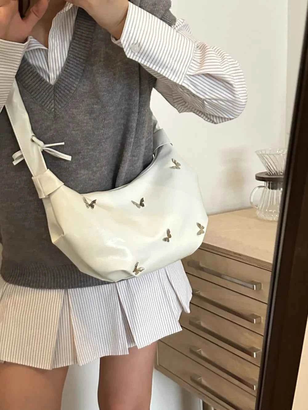 Butterfly Ruched Strap Shoulder Bag White One Size for a perfect OOTD – dress to impress outfits from Amexza