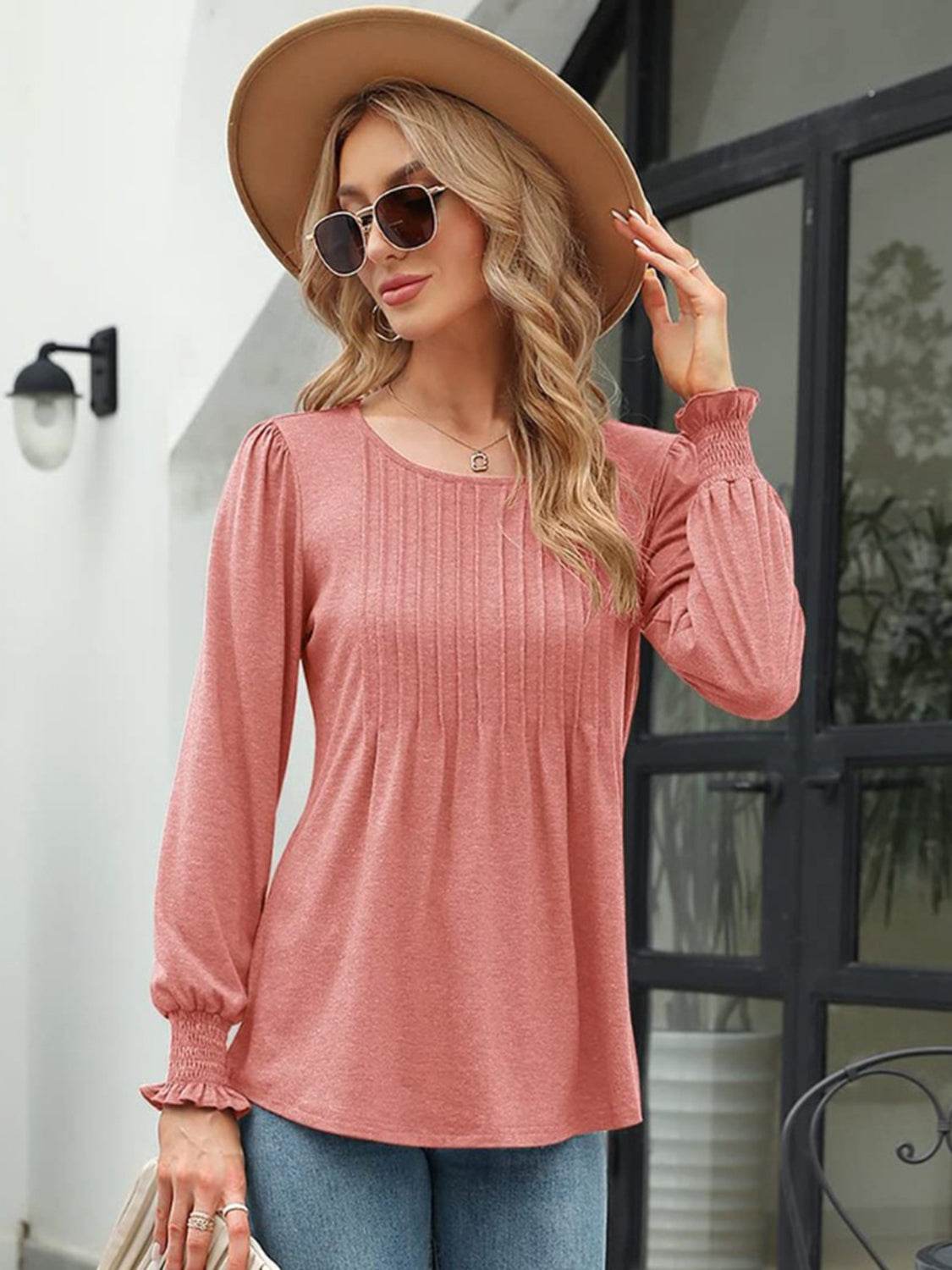 Smocked Round Neck Lantern Sleeve Blouse - Amexza