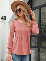 Smocked Round Neck Lantern Sleeve Blouse - Amexza