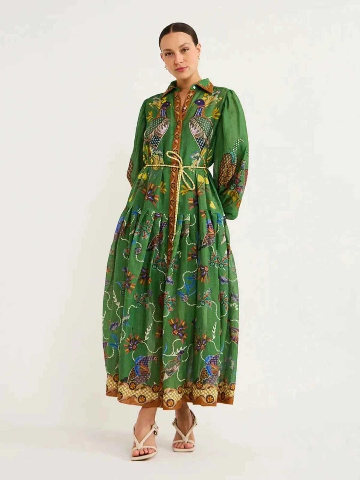 Printed Lantern Sleeve Maxi Shirt Dress