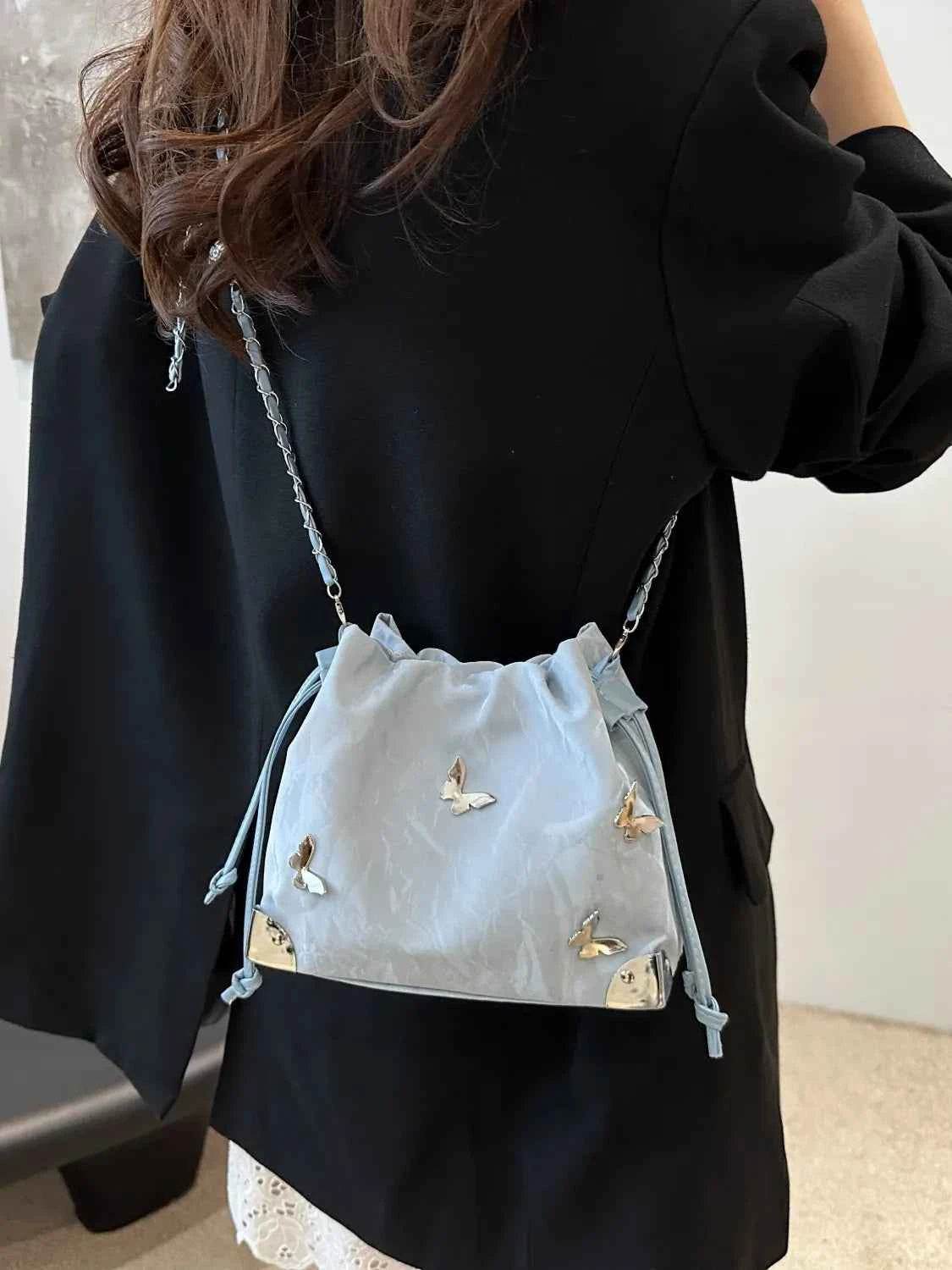 Butterfly Drawstring Bucket Bag Light Blue One Size for a perfect OOTD – dress to impress outfits from Amexza
