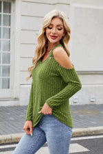 Ribbed Cold Shoulder Long Sleeve Top - Amexza