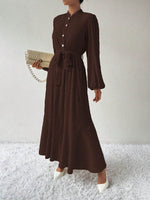 Half Button Tie Waist Long Sleeve Maxi Dress - Amexza