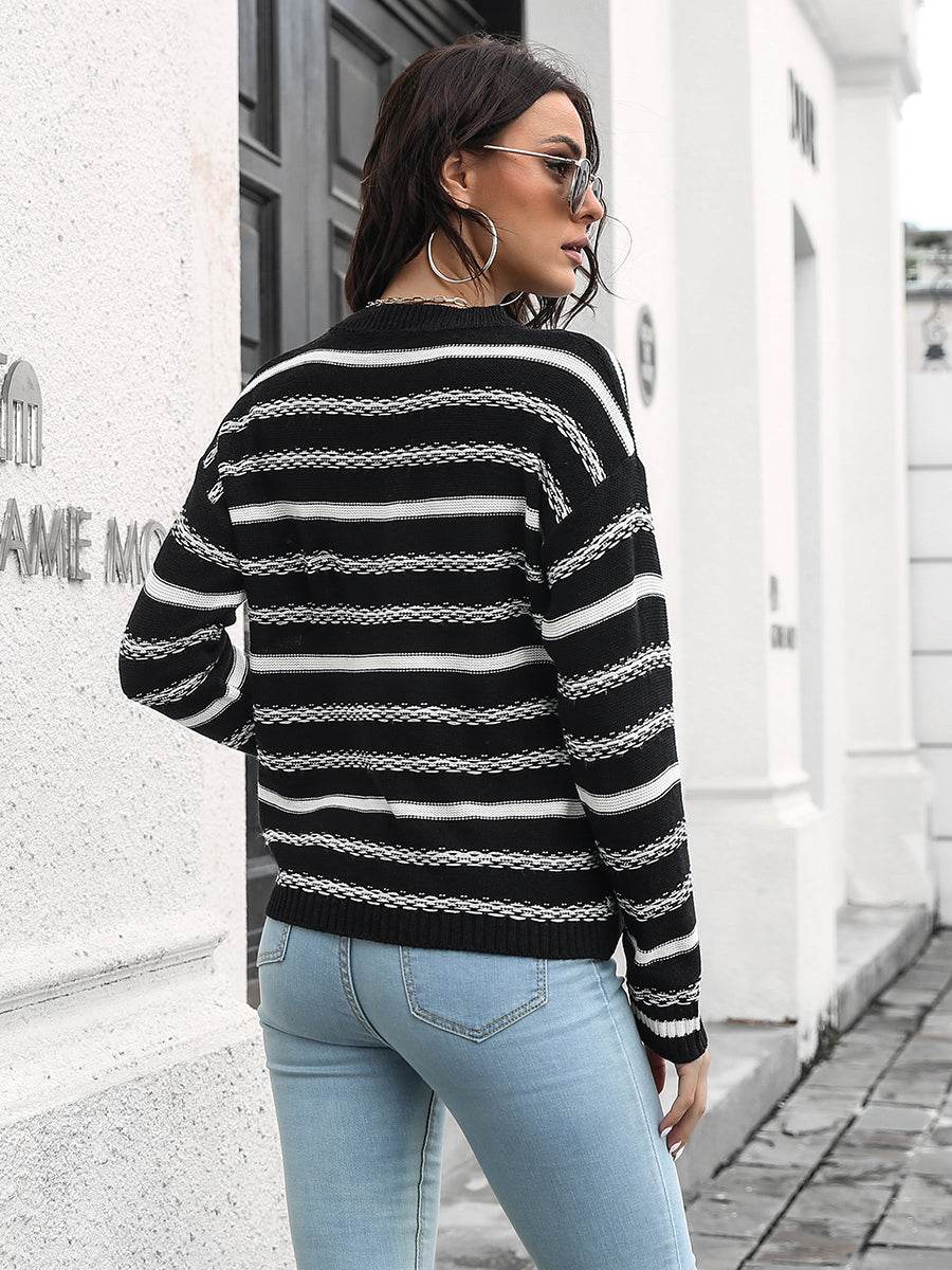 Striped Round Neck Dropped Shoulder Sweater for a perfect OOTD – dress to impress outfits from Amexza