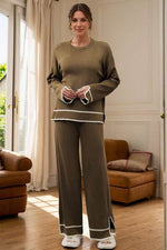 High-Low Round Neck Top and Pants Sweater Set Olive Brown One Size for a perfect OOTD – dress to impress outfits from Amexza