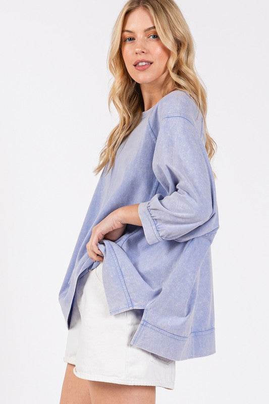 SAGE + FIG Mineral Washed Side Slit Round Neck Sweatshirt for a perfect OOTD – dress to impress outfits from Amexza