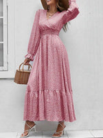 Smocked Waist Polka Dot Long Sleeve Maxi Dress