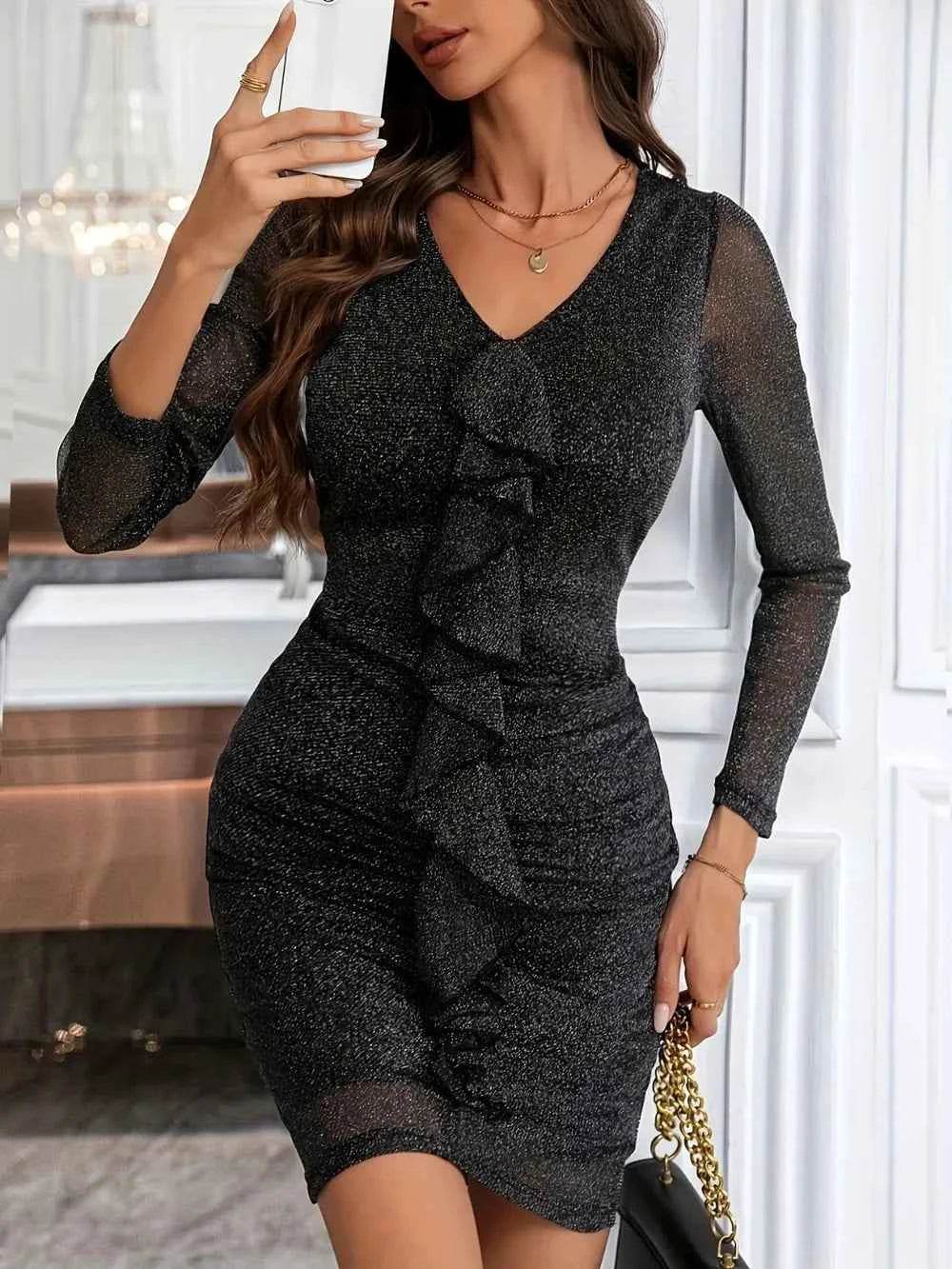 Metallic Ruffled V-Neck Long Sleeve Mini Dress for a perfect OOTD – dress to impress outfits from Amexza