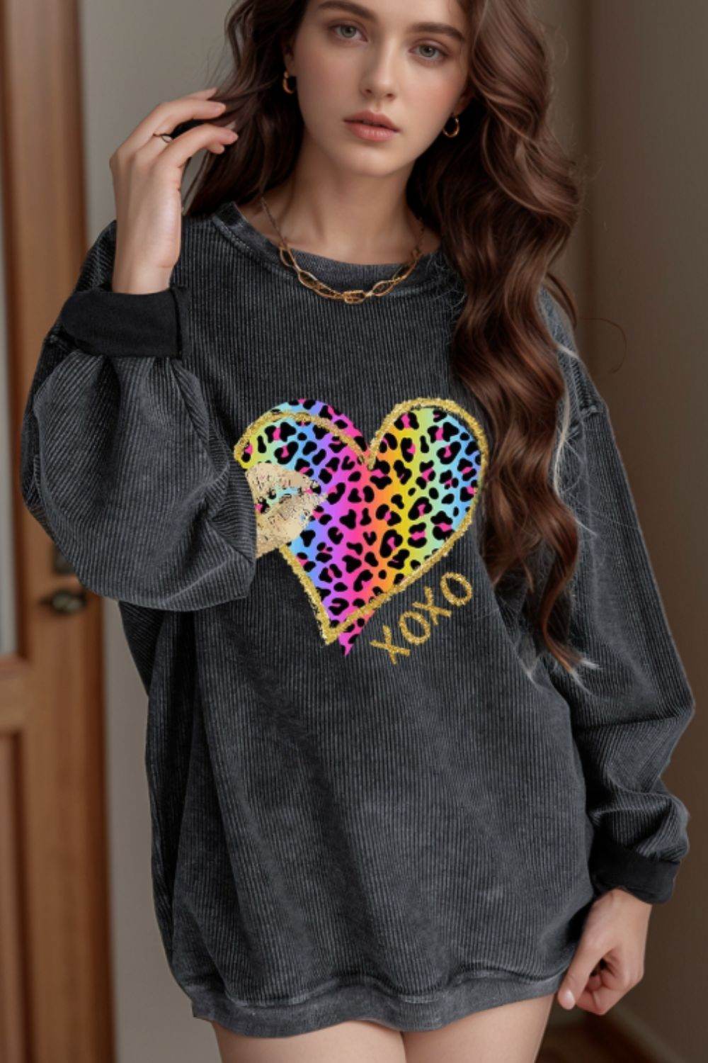 Leopard Heart Drop Shoulder Long Sleeve Sweatshirt for a perfect OOTD – dress to impress outfits from Amexza