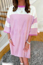 Striped Round Neck Three-Quarter Sleeve Mini Dress for a perfect OOTD – dress to impress outfits from Amexza