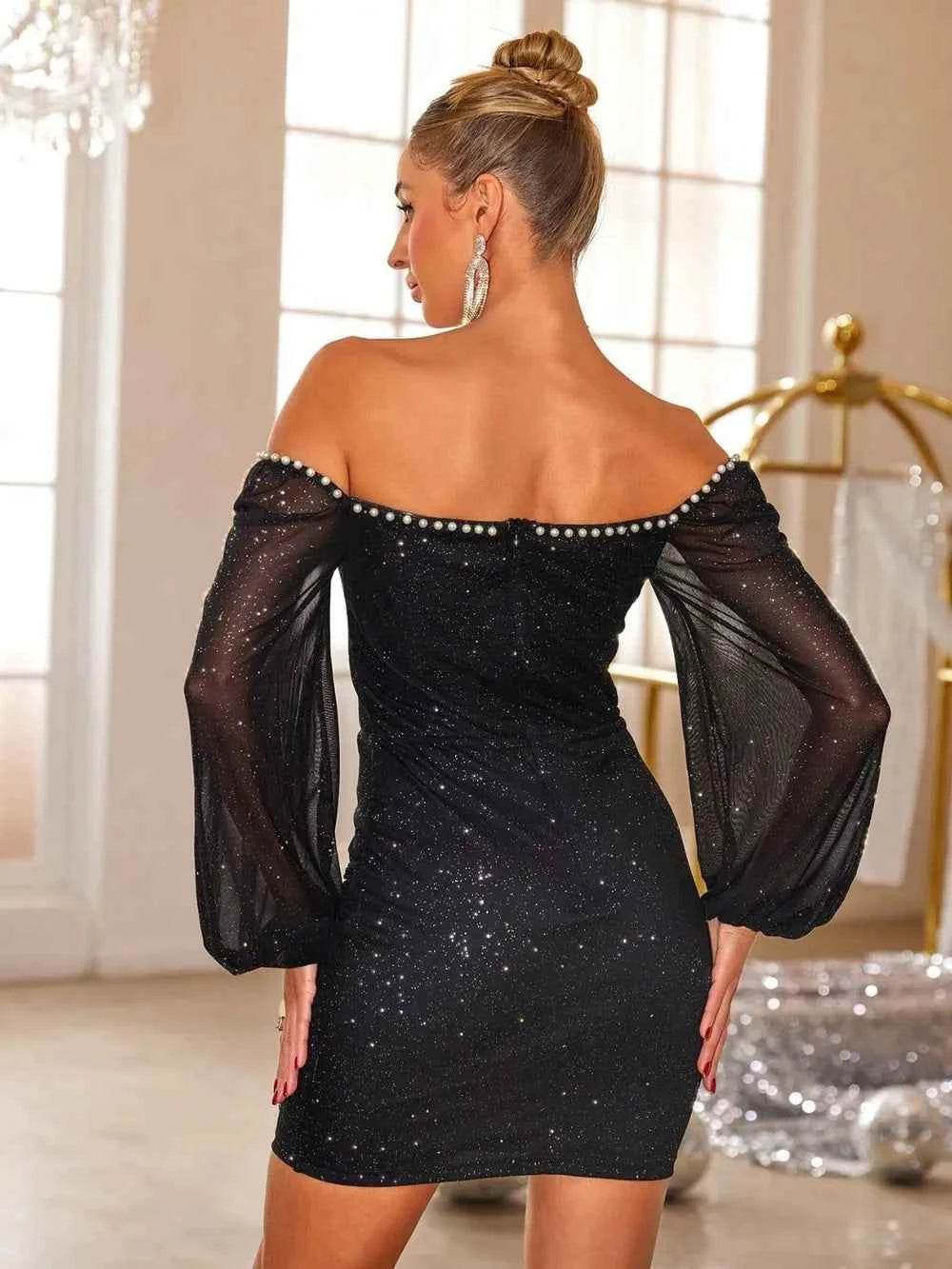 Pearl Trim Sweetheart Neck Long Sleeve Mini Dress for a perfect OOTD – dress to impress outfits from Amexza