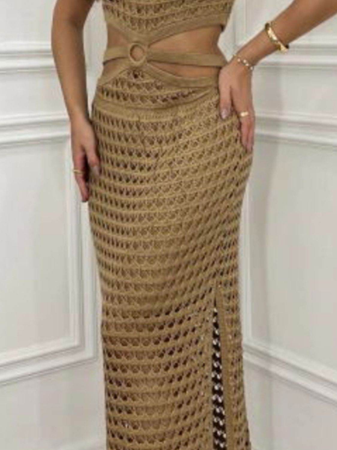 Cutout Slit Round Neck Sweater Dress for a perfect OOTD – dress to impress outfits from Amexza