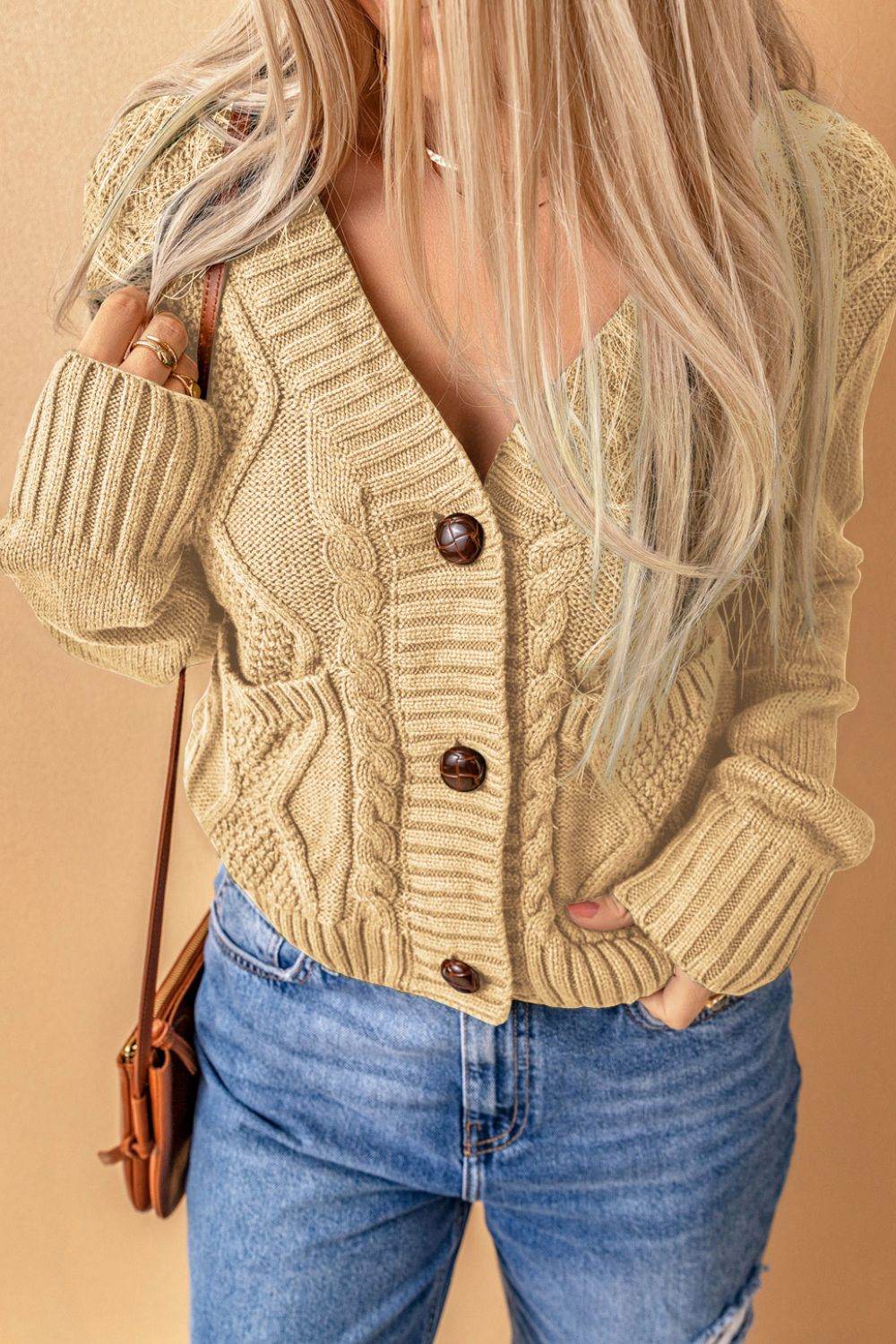 Cable-Knit Button Down V-Neck Cardigan - Amexza