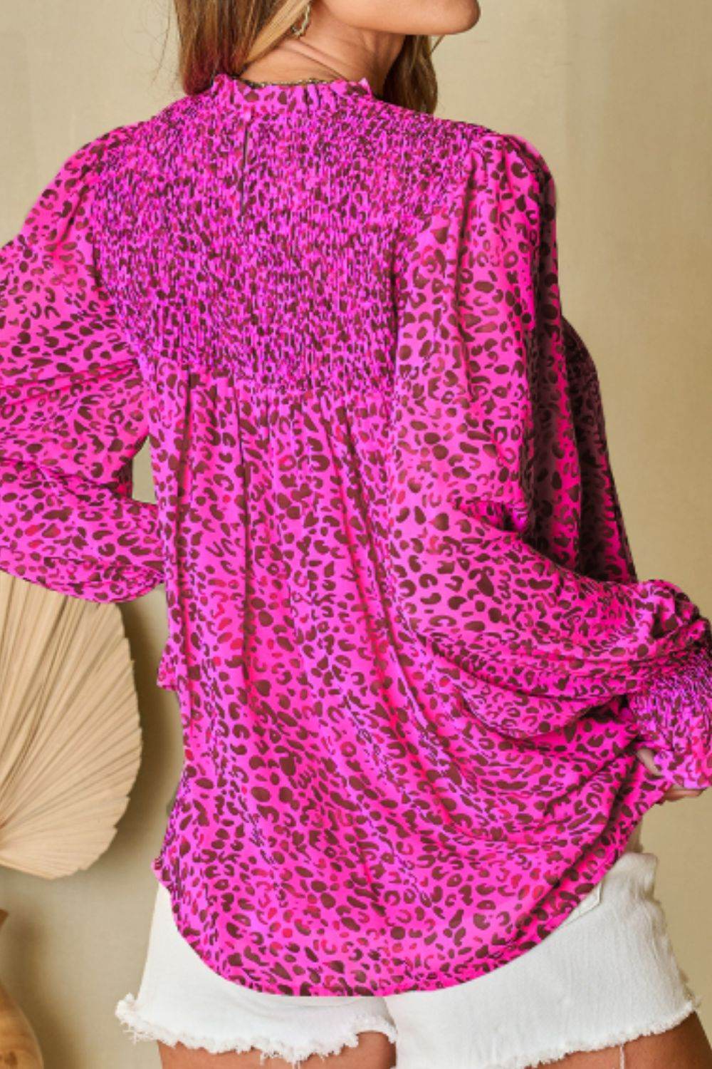 Ruched Leopard Mock Neck Long Sleeve Blouse - Amexza