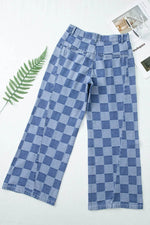 Checkered Wide Leg Jeans with Pockets - Amexza