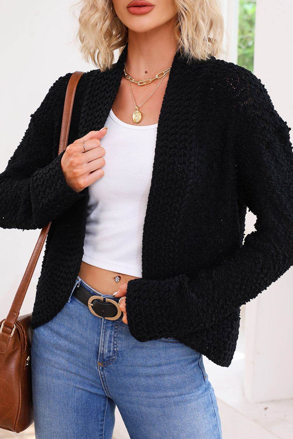 Solid Color Open Front Cardigan - Amexza