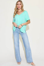 Basic Bae Full Size Bamboo Slit V-Neck Short Sleeve T-Shirt for a perfect OOTD – dress to impress outfits from Amexza