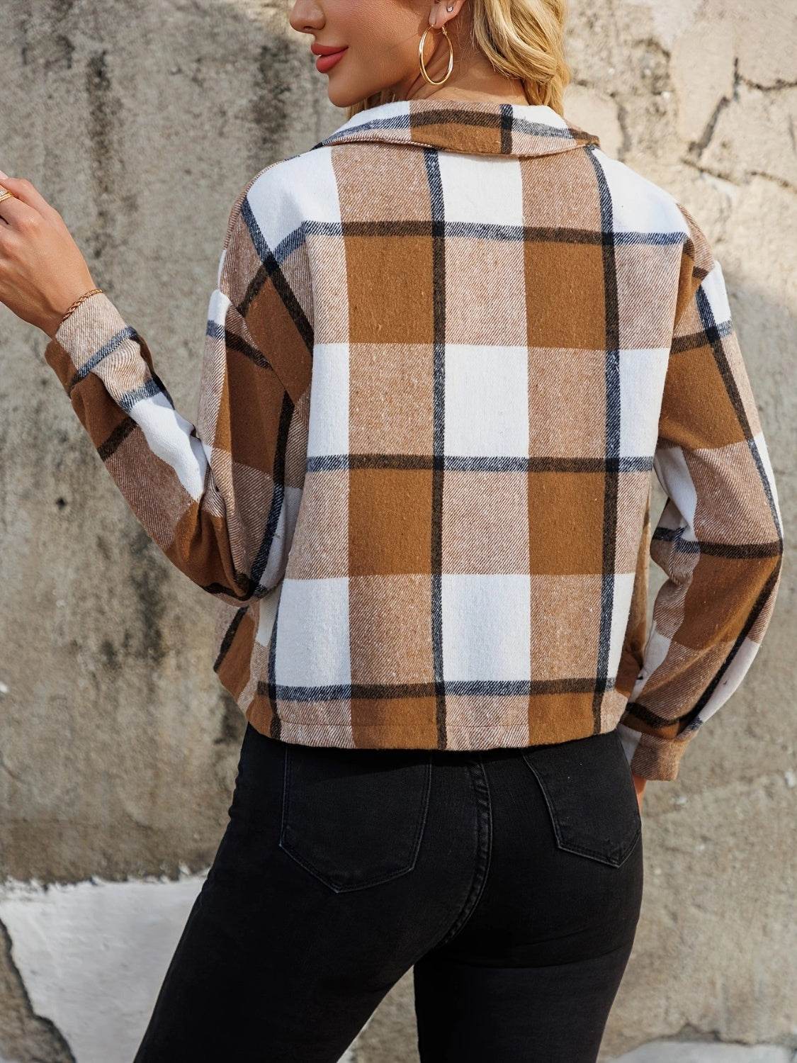 Plaid Collared Neck Cropped Jacket - Amexza