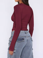 Ruched Asymmetrical Neck Long Sleeve T-Shirt - Amexza