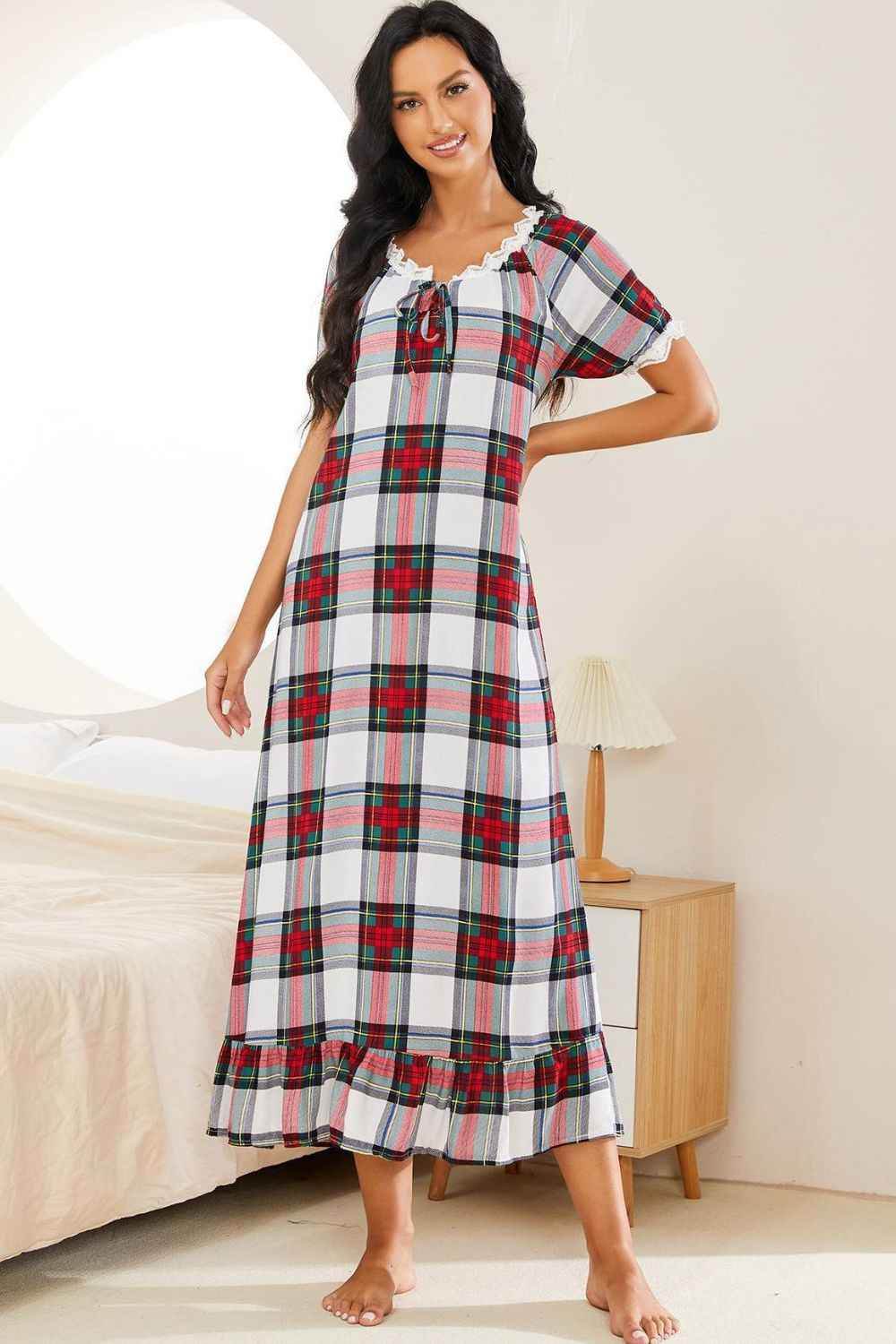 Plaid Lace Trim Ruffle Hem Night Dress Plaid for a perfect OOTD – dress to impress outfits from Amexza
