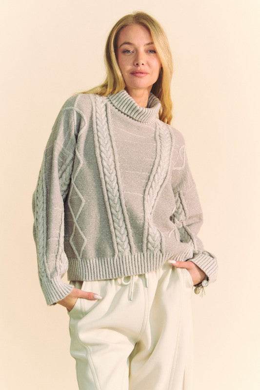 Davi & Dani Cable-Knit Turtleneck Dropped Shoulder Sweater Gray for a perfect OOTD – dress to impress outfits from Amexza