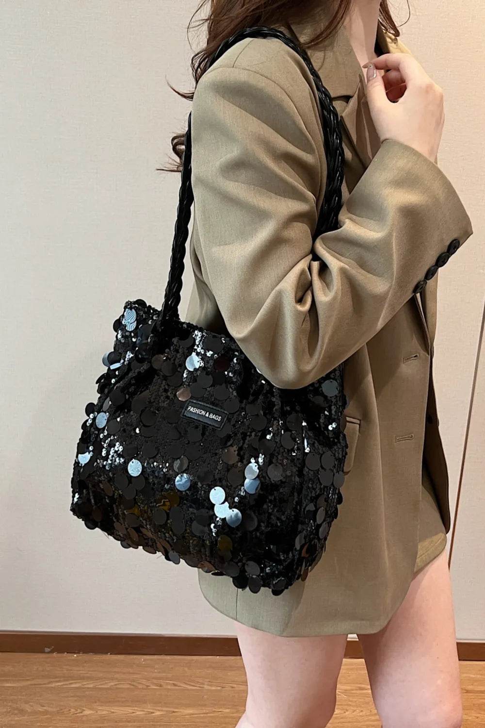 Sequin Braided Strap Shoulder Bag Black One Size for a perfect OOTD – dress to impress outfits from Amexza