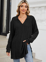 Slit Johnny Collar Long Sleeve T-Shirt - Amexza