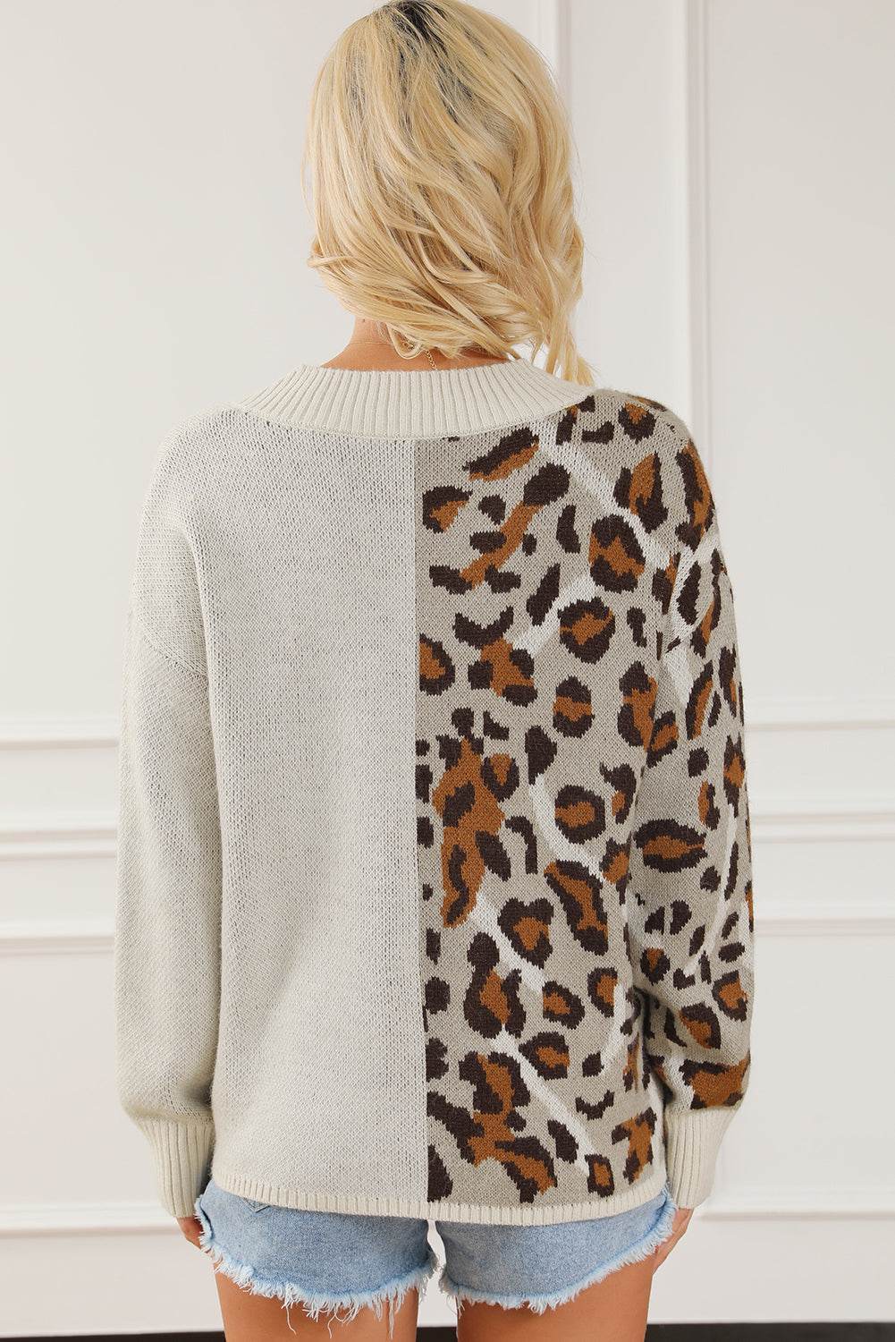Leopard V Neck Drop Shoulder Sweater for a perfect OOTD – dress to impress outfits from Amexza