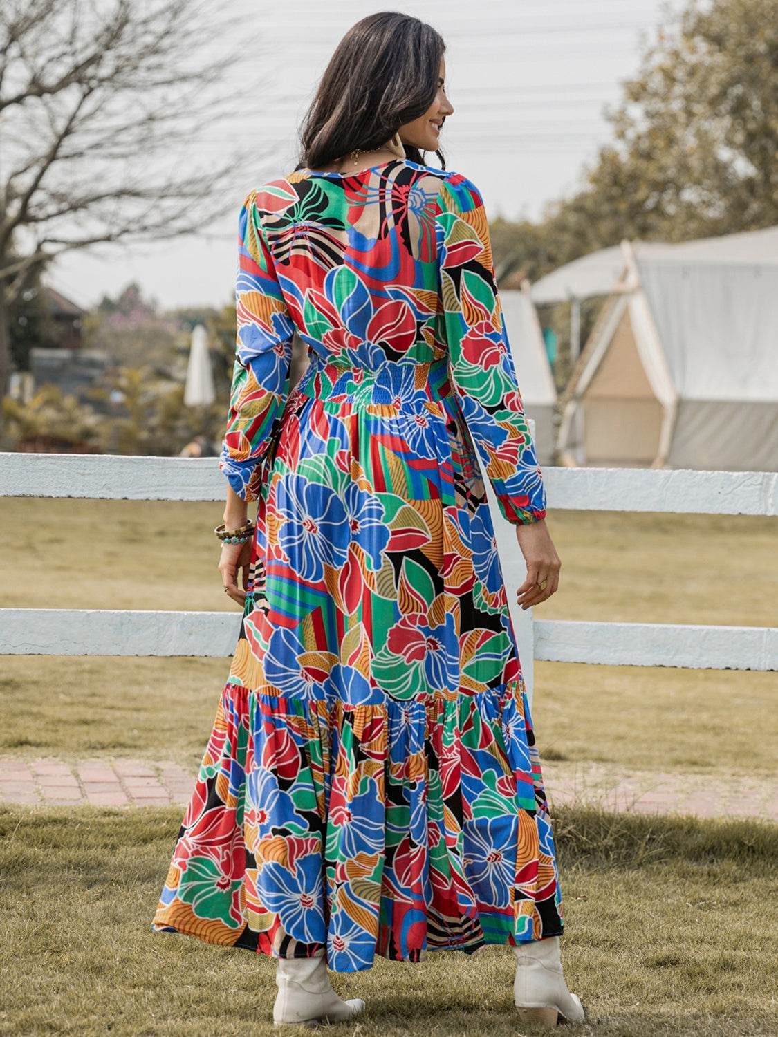Printed Smocked Tie Neck Balloon Sleeve Maxi Dress - Amexza
