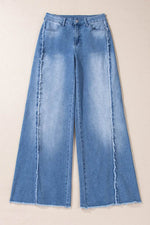 Raw Hem Wide Leg Jeans with Pockets - Amexza