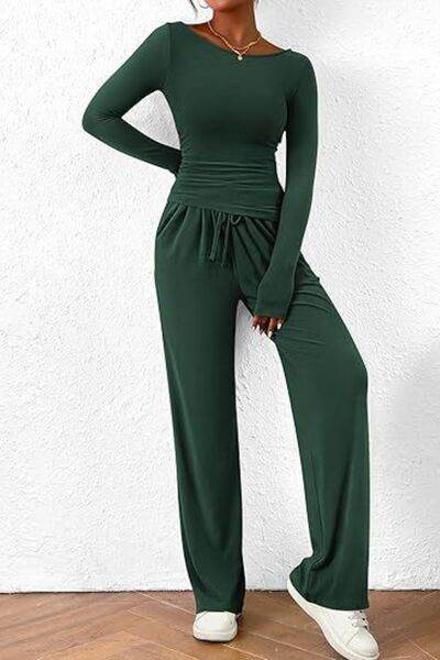 Round Neck Long Sleeve Top and Pants Set Dark Green for a perfect OOTD – dress to impress outfits from Amexza