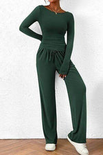 Round Neck Long Sleeve Top and Pants Set Dark Green for a perfect OOTD – dress to impress outfits from Amexza