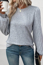 Ribbed Round Neck Long Sleeve Knit Top - Amexza