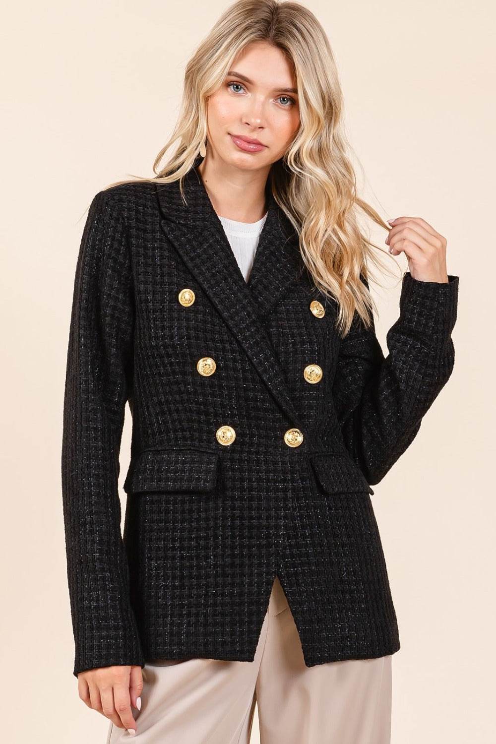 Mittoshop Plaid Texture Double-Breasted Long Sleeve Blazer - Amexza