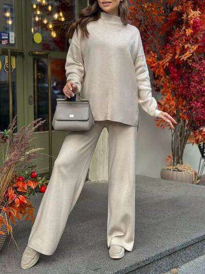 Slit Mock Neck Top and Pants Sweater Set Dust Storm for a perfect OOTD – dress to impress outfits from Amexza