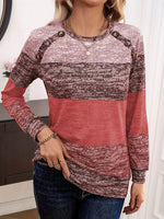 Decorative Button Contrast Round Neck Long Sleeve T-Shirt - Amexza