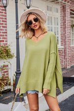 V-Neck Slit Exposed Seam Sweater for a perfect OOTD – dress to impress outfits from Amexza