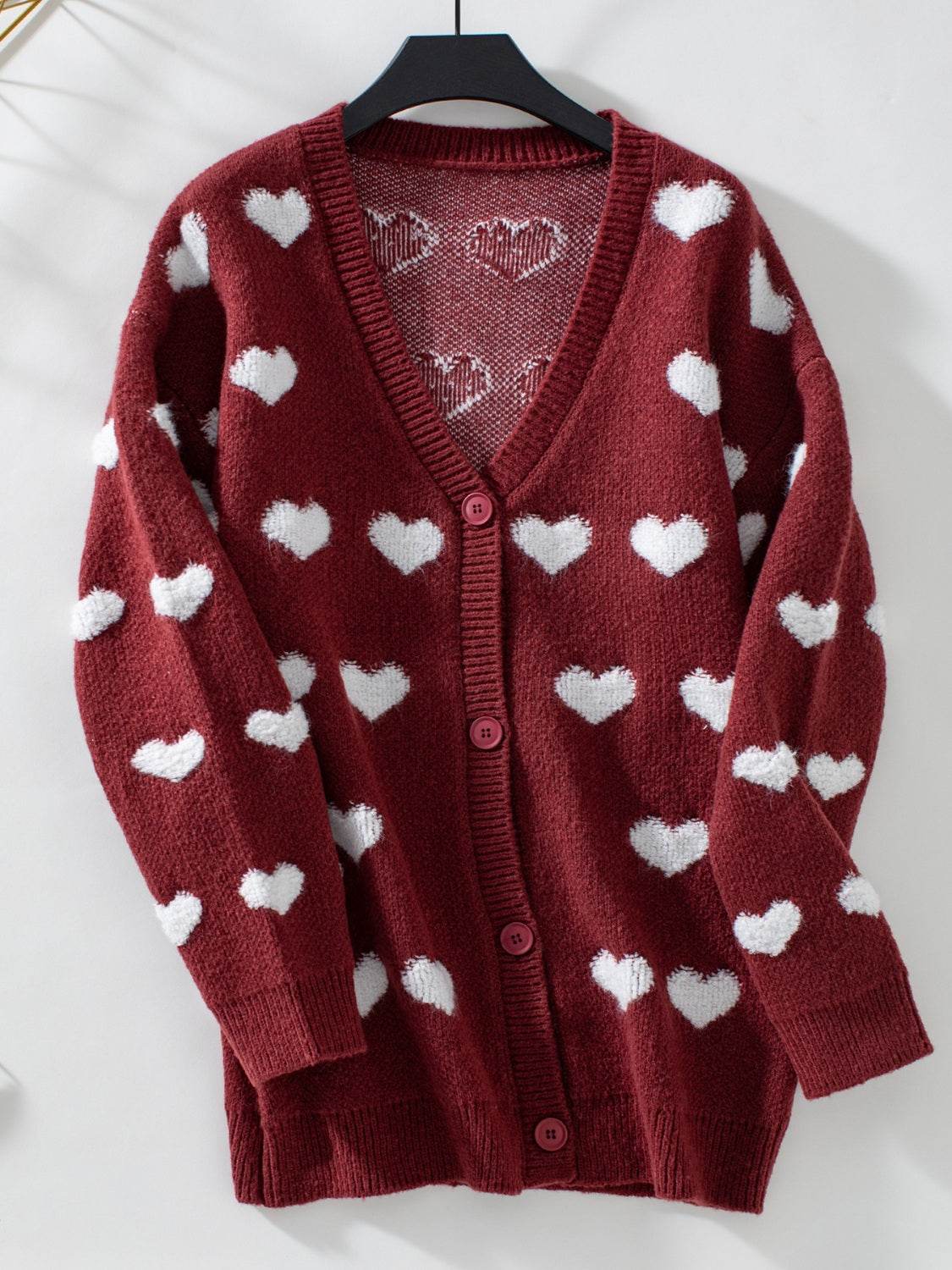 Heart V-Neck Button Up Long Sleeve Cardigan - Amexza