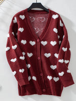 Heart V-Neck Button Up Long Sleeve Cardigan - Amexza
