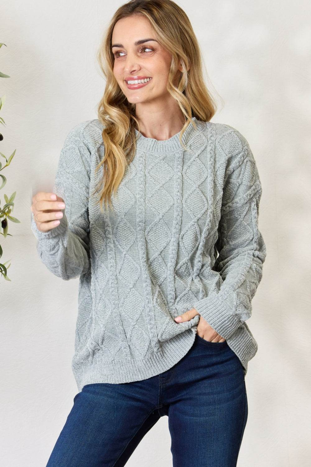 BiBi Cable Knit Round Neck Sweater Dust Sage for a perfect OOTD – dress to impress outfits from Amexza
