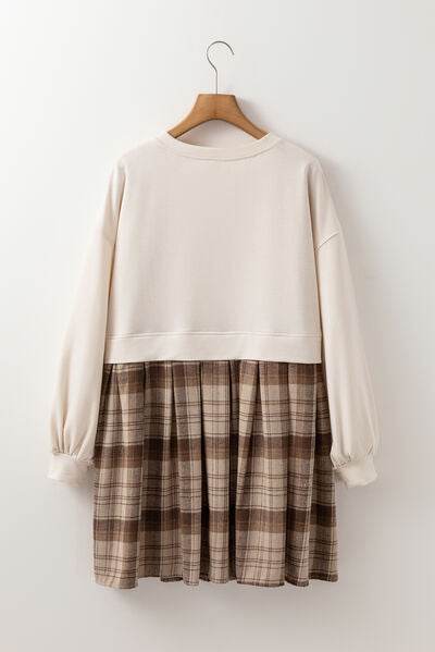 Plaid Round Neck Long Sleeve Mini Dress for a perfect OOTD – dress to impress outfits from Amexza